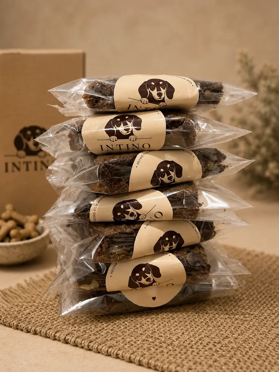 Productos de Intino envueltos con etiquetas de Inty
